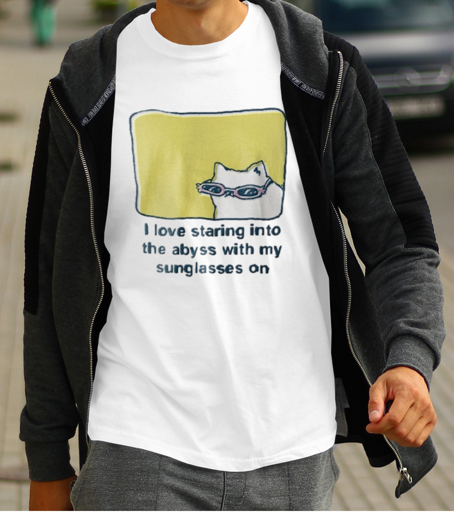 I Love Staring Into The Abyss With My Sunglasses On White Cat Pink Glasses Popcornpunk Cartoon T-Shirt