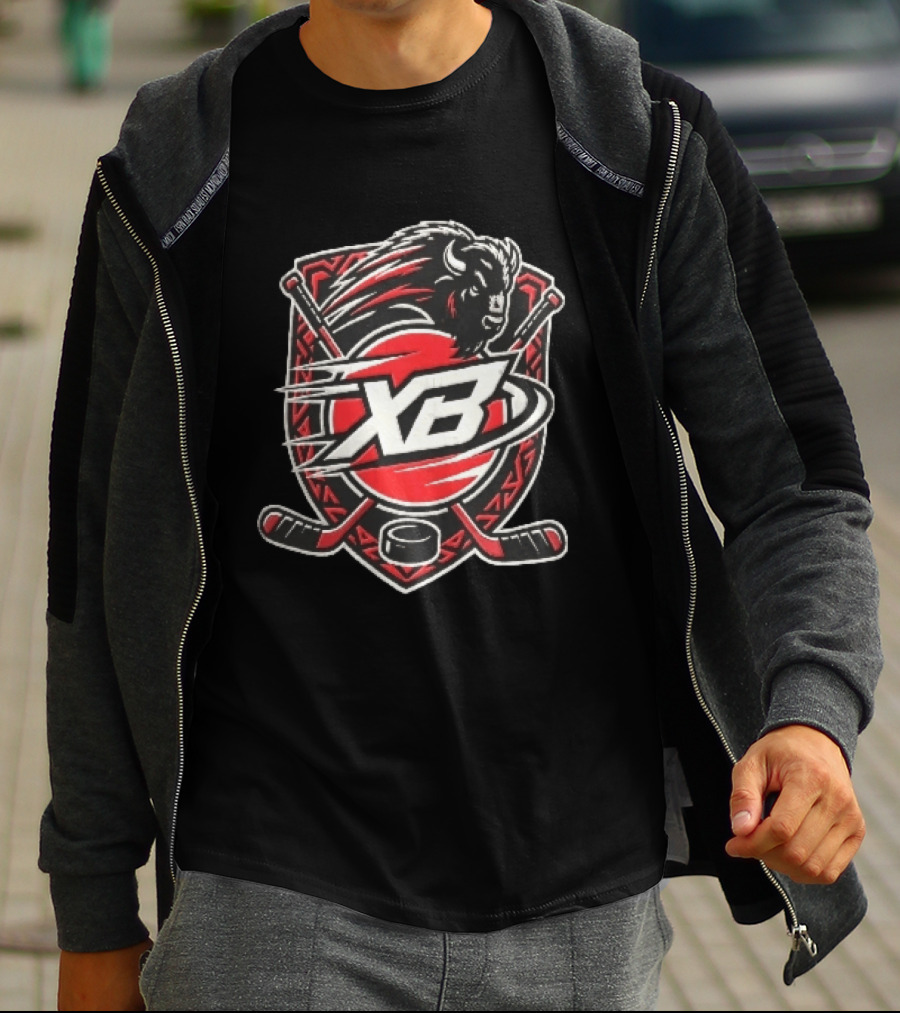 Xb Buffalo Bison Head With Crossed Hockey Sticks And Puck Shield Crest T-Shirt