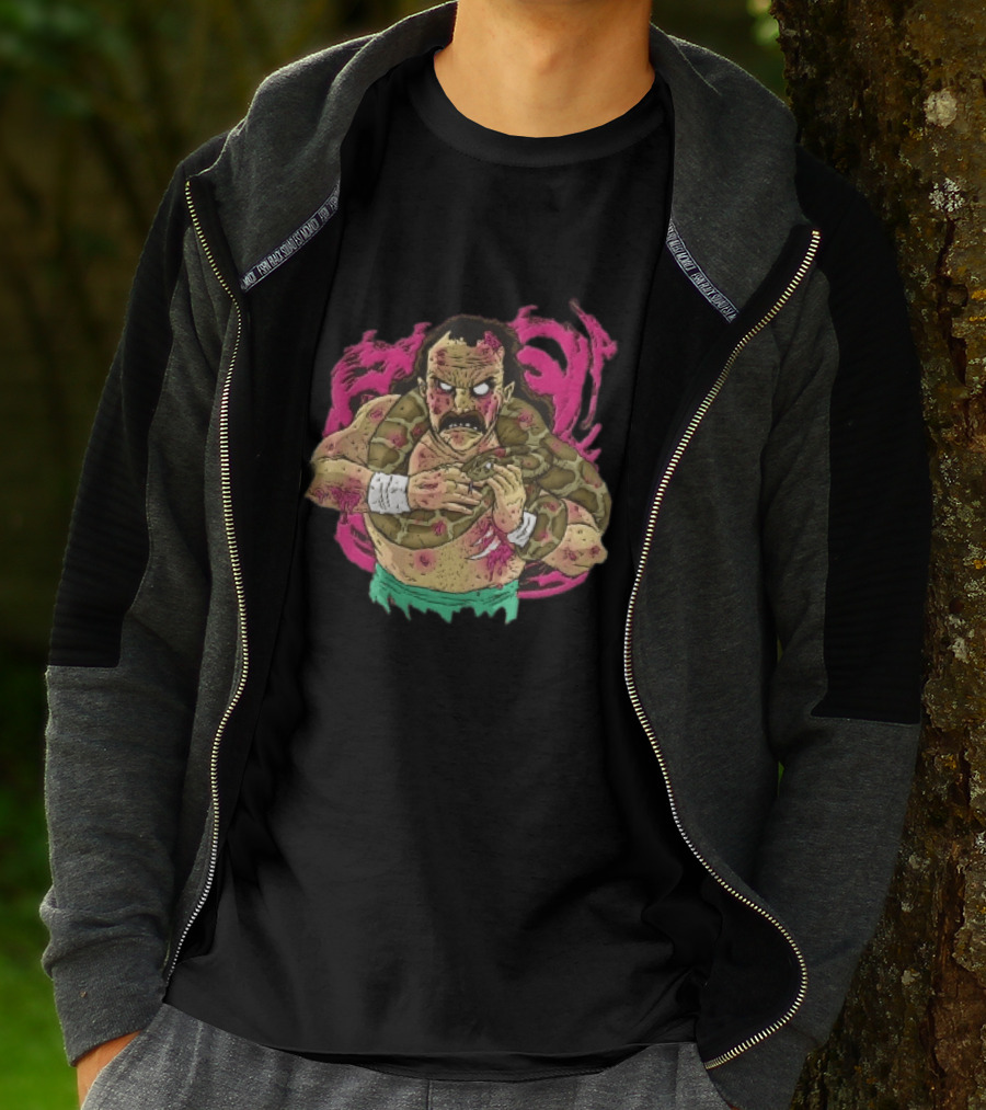 Zombie Wrestler Python Snake Pink Energy Burst Caricature T-Shirt
