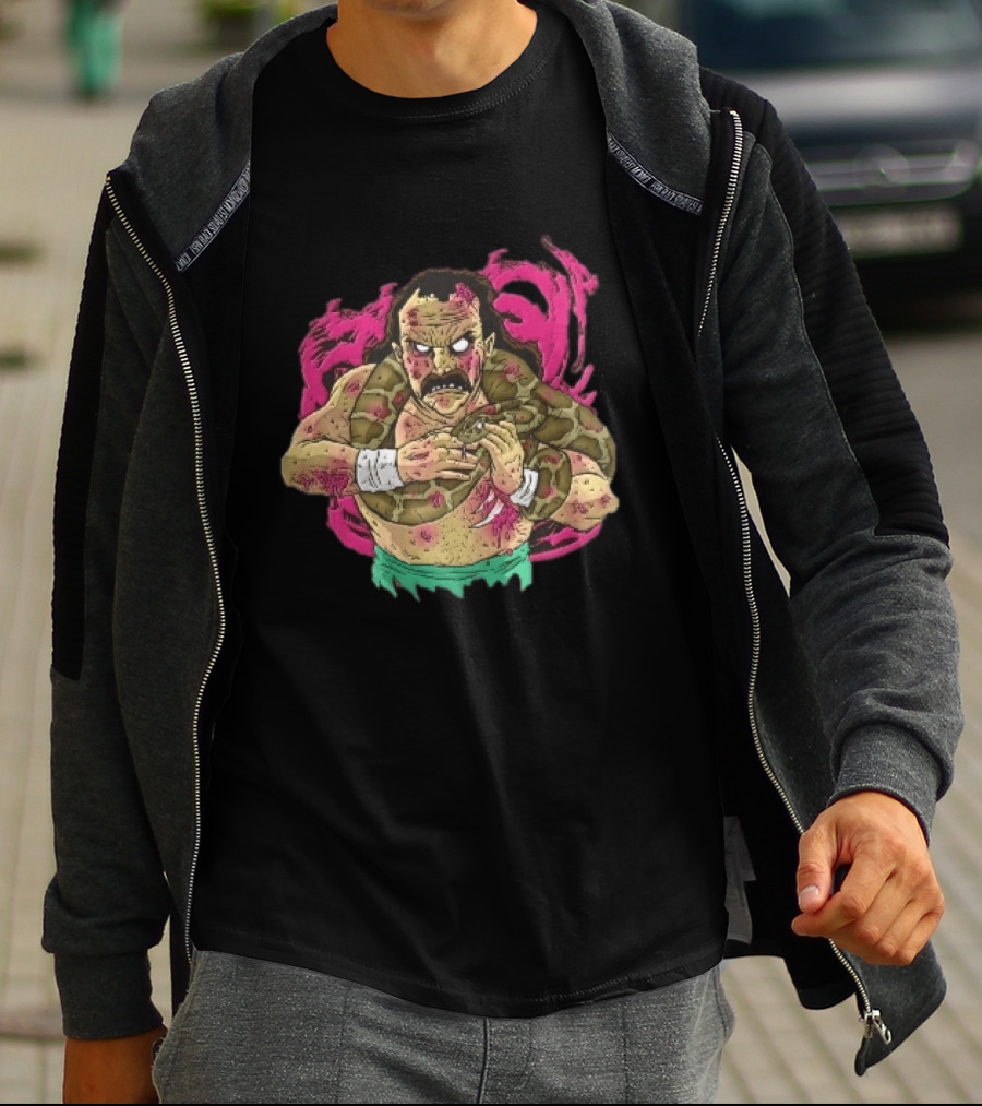 Zombie Wrestler Python Snake Pink Energy Burst Caricature T-Shirt