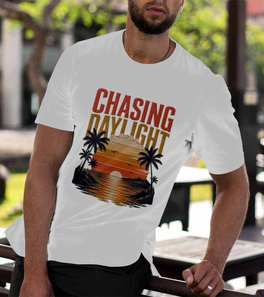 Chasing Daylight Tropical Beach Sunset Scene With Palms And Ocean Waves T-Shirt