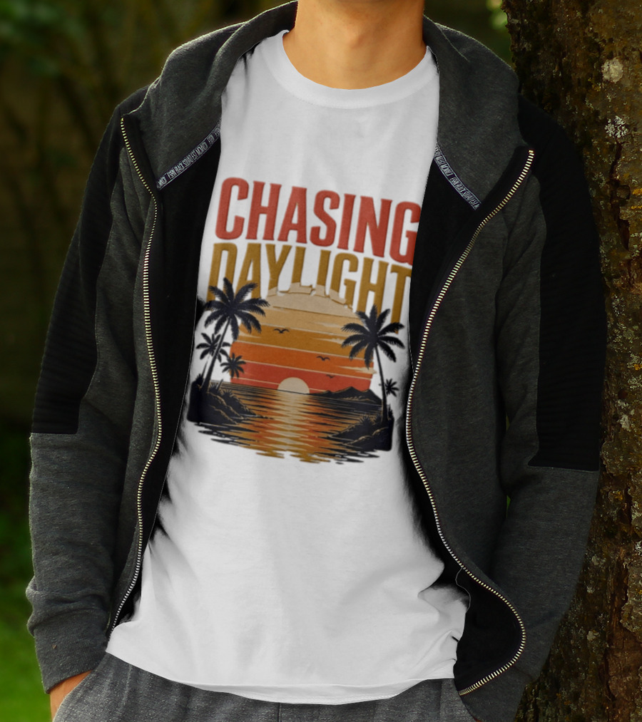 Chasing Daylight Tropical Beach Sunset Scene With Palms And Ocean Waves T-Shirt