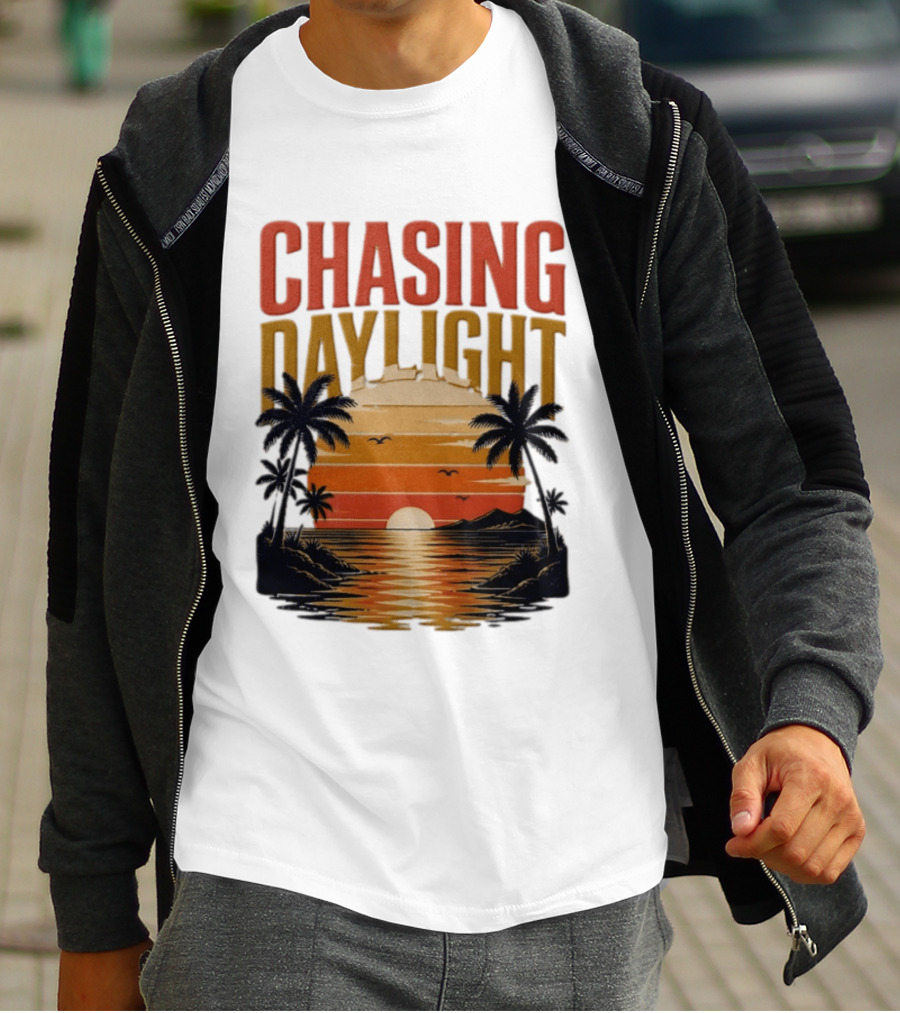 Chasing Daylight Tropical Beach Sunset Scene With Palms And Ocean Waves T-Shirt