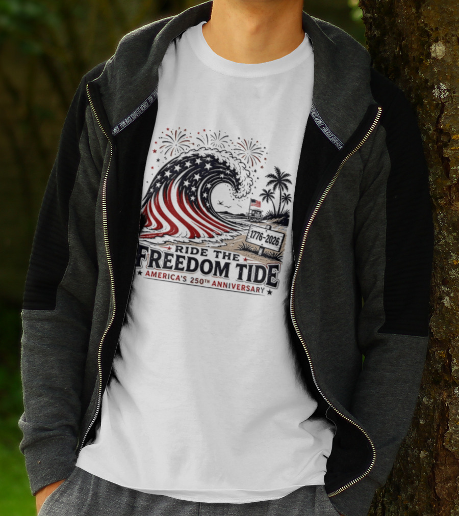 America's 250th Anniversary Ride The Freedom Tide USA Patriotic Independence Day Celebrating With Fireworks And Waves T-Shirt