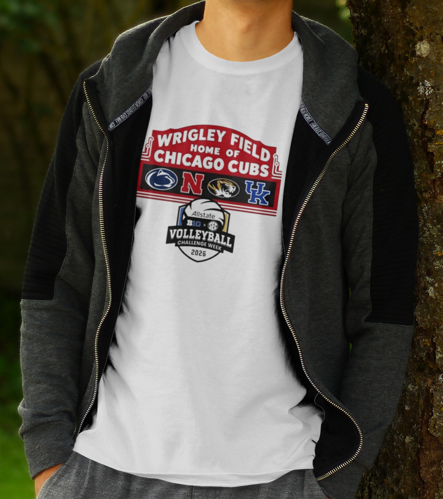 Wrigley Field Chicago Cubs Allstate 2026 Volleyball Challenge Week Penn State Nebraska Missouri Kentucky Logos T-Shirt