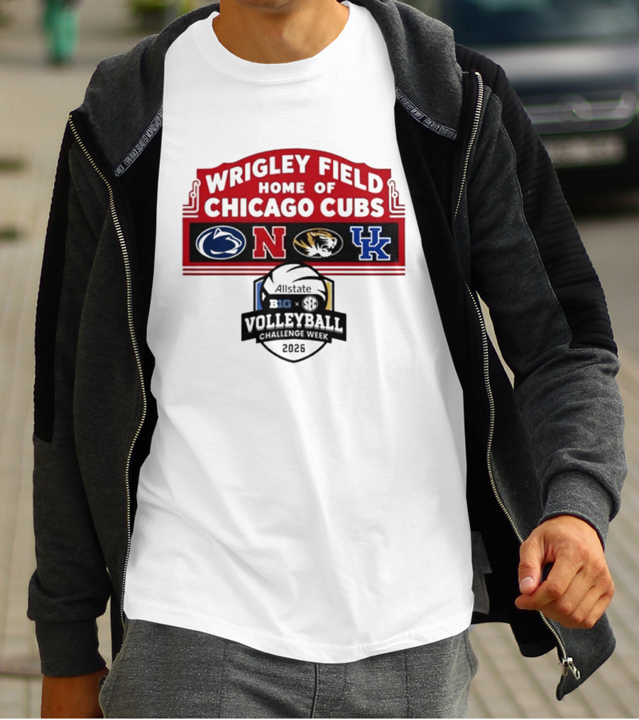 Wrigley Field Chicago Cubs Allstate 2026 Volleyball Challenge Week Penn State Nebraska Missouri Kentucky Logos T-Shirt