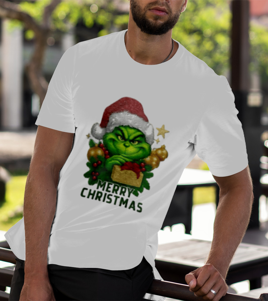 Merry Christmas Grinch Santa Claus Hat Gold Present Pine Branches T-Shirt