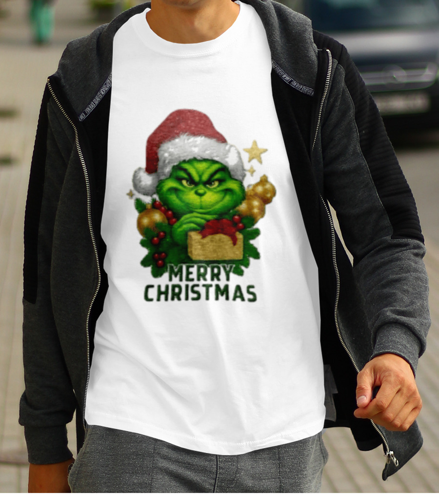 Merry Christmas Grinch Santa Claus Hat Gold Present Pine Branches T-Shirt