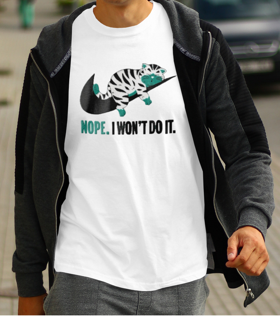 Nope I Won't Do It Cartoon Lazy Striped Cat Sleeping On Swoosh T-Shirt