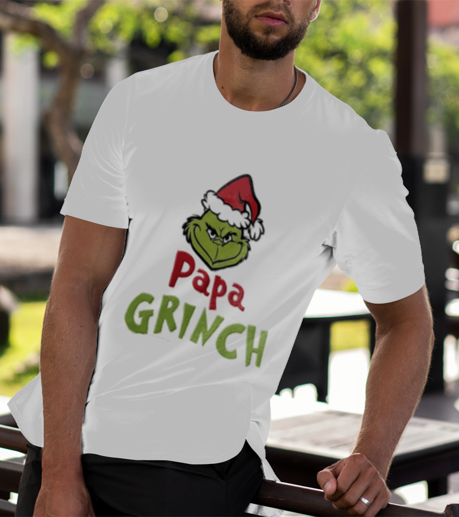 Papa Grinch Santa Claus Hat Green Face Cartoon T-Shirt
