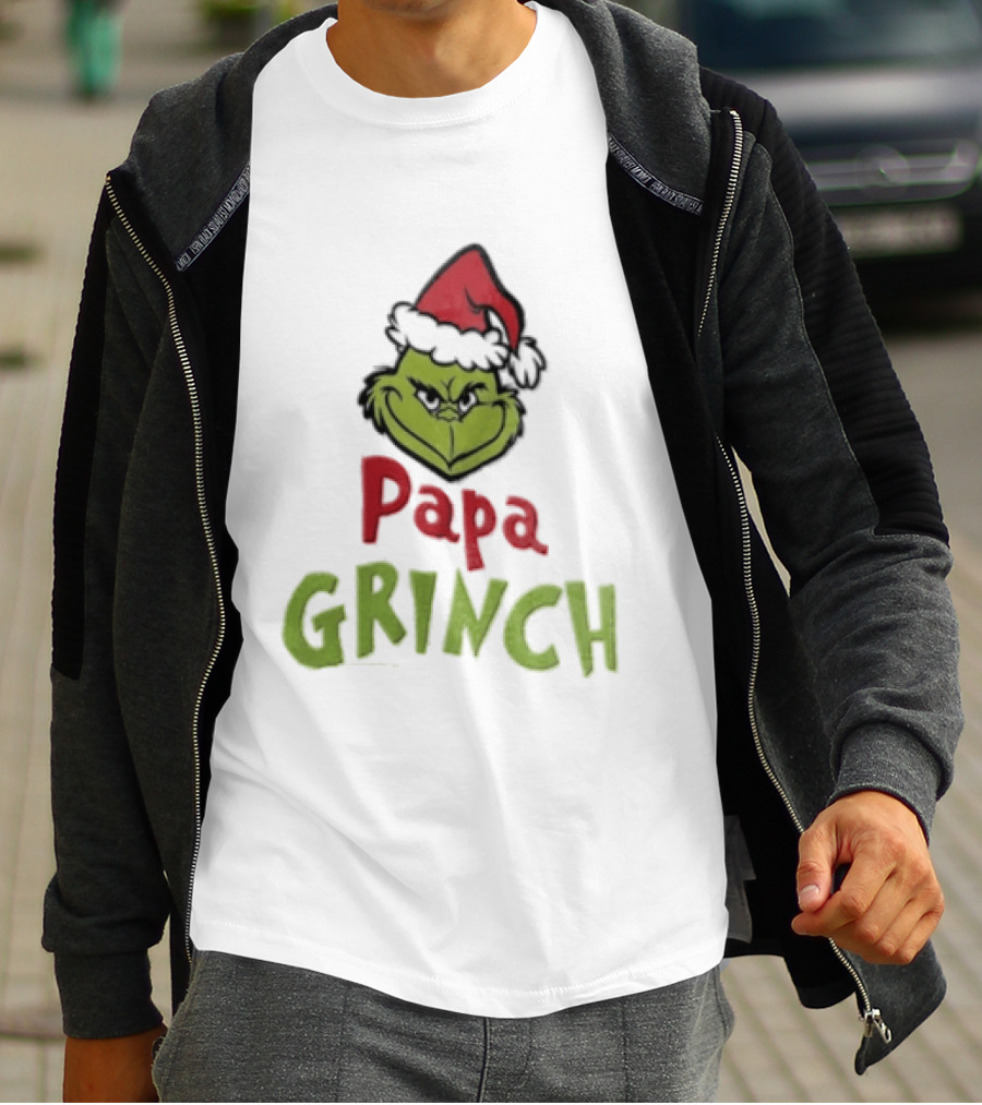 Papa Grinch Santa Claus Hat Green Face Cartoon T-Shirt