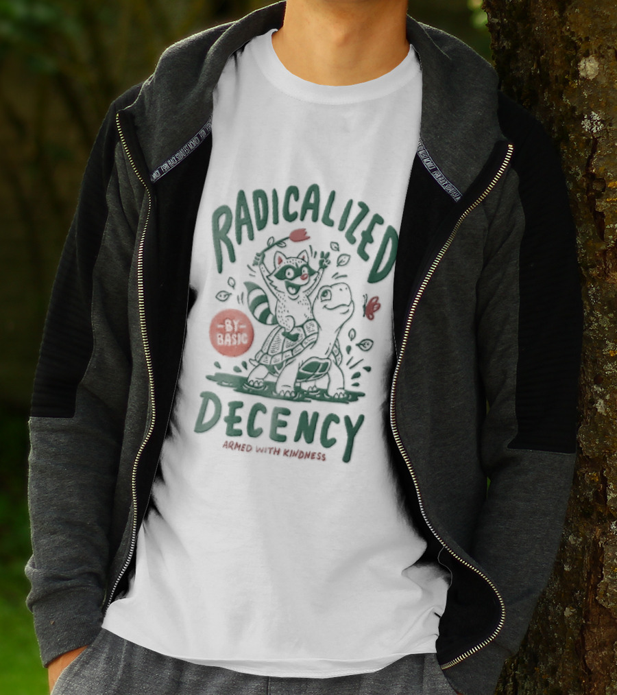Radicalized By Basic Decency Armed With Kindness Cartoon Raccoon Turtle Flower T-Shirt
