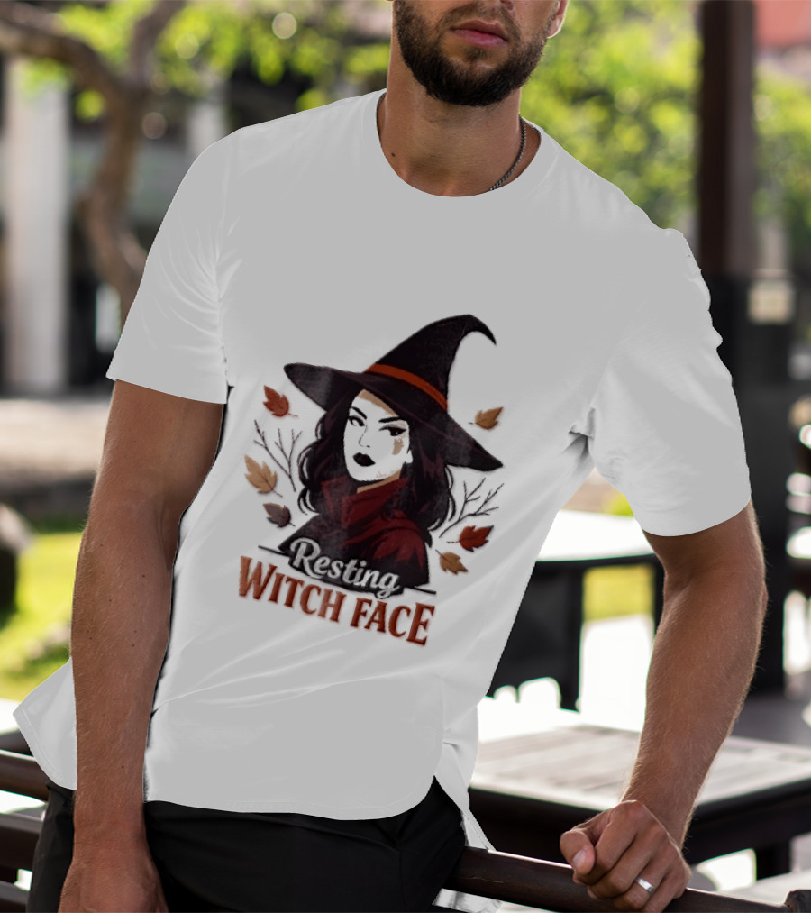 Resting Witch Face Dark Hair Woman Pointy Hat Autumn Leaves Halloween T-Shirt