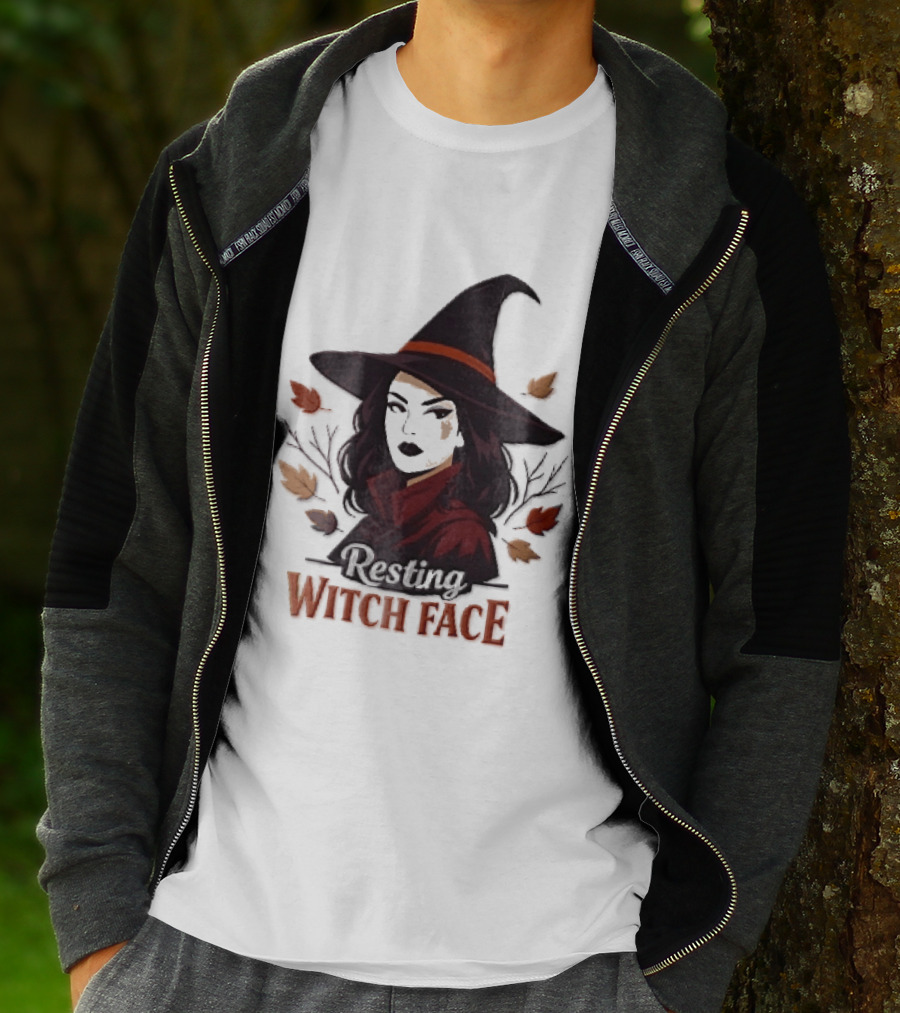 Resting Witch Face Dark Hair Woman Pointy Hat Autumn Leaves Halloween T-Shirt