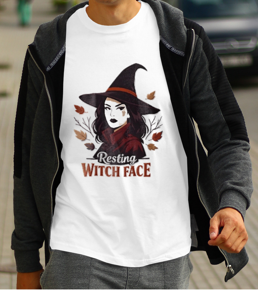 Resting Witch Face Dark Hair Woman Pointy Hat Autumn Leaves Halloween T-Shirt