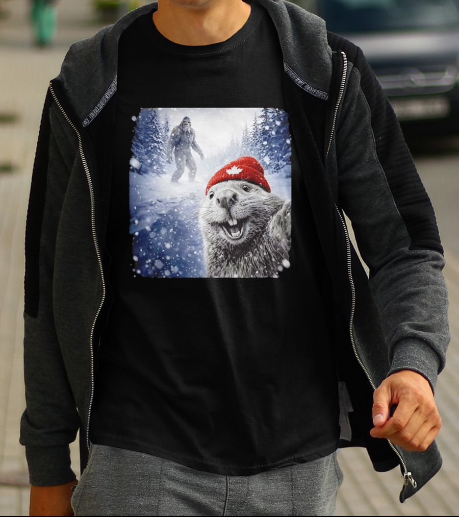 Beaver Selfie With Sasquatch In Snowy Canadian Forest T-Shirt