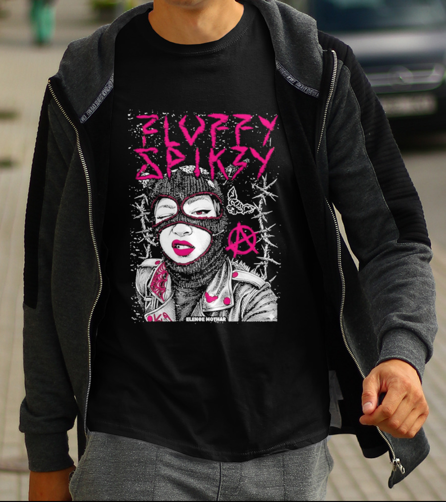 Fluffy Spikzy Elenoe Mothar Balaclava Anarchy Art With Barbed Wire And Punk T-Shirt
