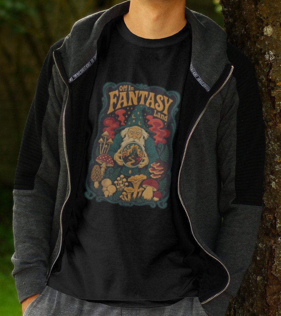 Off In Fantasy Land Wizard With Magic Mushrooms And Crystal Ball T-Shirt