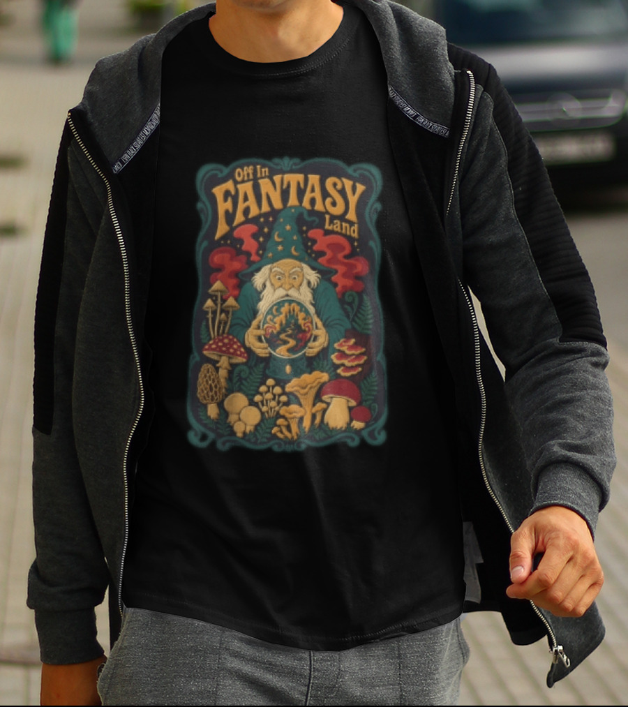 Off In Fantasy Land Wizard With Magic Mushrooms And Crystal Ball T-Shirt