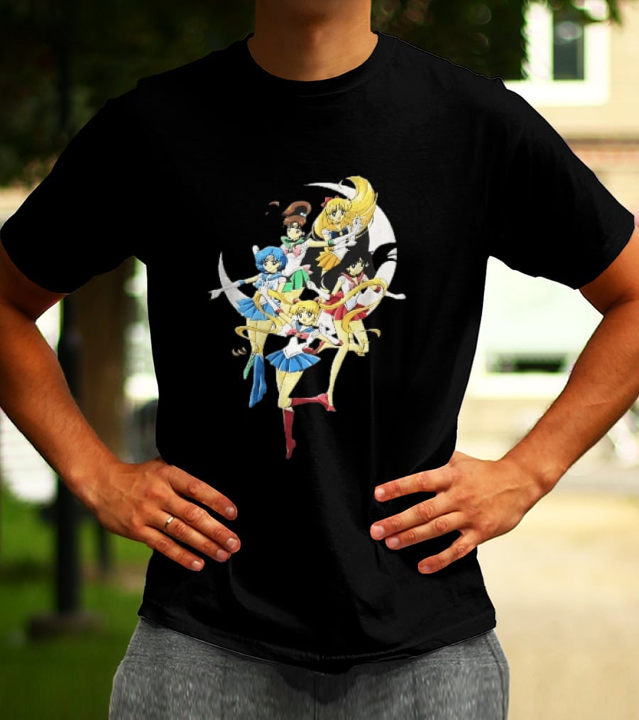 Sailor Moon Crescent Five Guardians Distressed Cartoon T-Shirt
