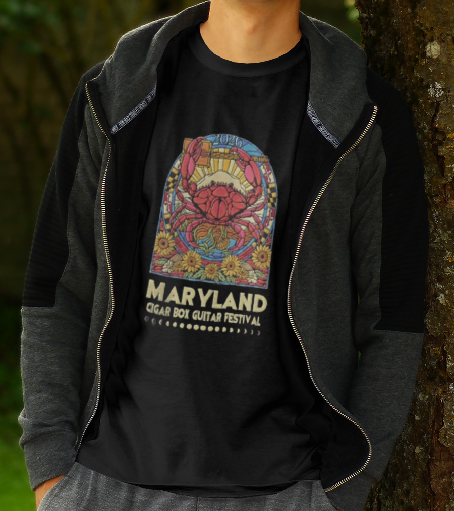 Maryland Cigar Box Guitar Festival 2026 Crab Stained Glass Sunflowers T-Shirt