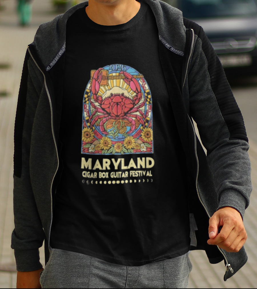 Maryland Cigar Box Guitar Festival 2026 Crab Stained Glass Sunflowers T-Shirt
