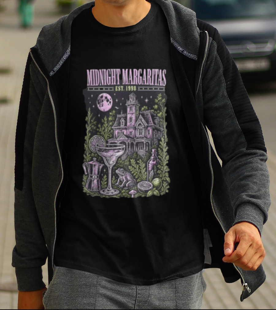 Midnight Margaritas Est 1998 Haunted Mansion Full Moon Frog Margarita Glass Lime Pestle Botanical T-Shirt