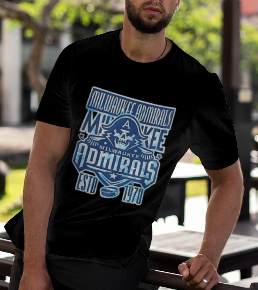 Milwaukee Admirals Estd 1970 Skull Hockey Puck Distressed Navy Blue T-Shirt