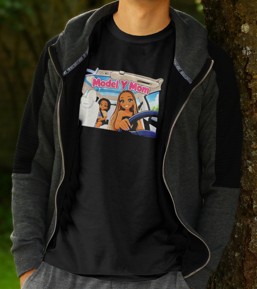 Model Y Mom Cartoon Driving Scene In Tesla T-Shirt