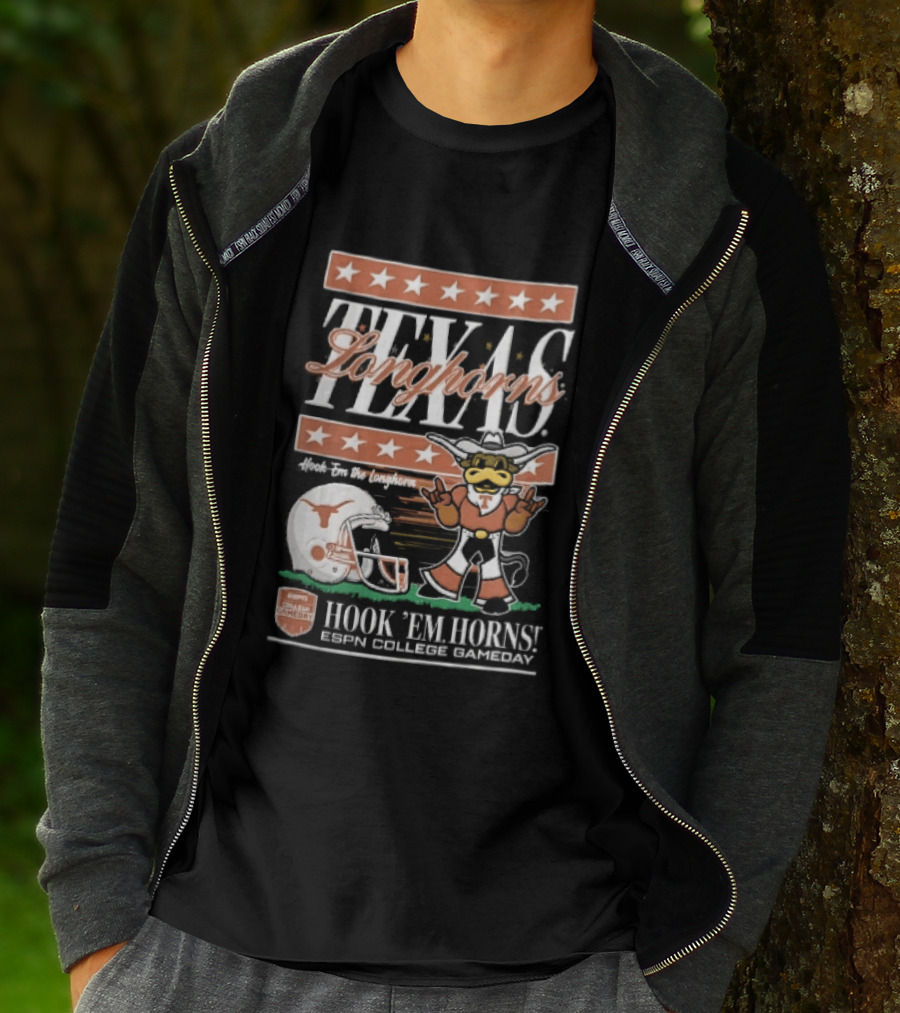 Texas Longhorns Hook Em Horns ESPN College Gameday Football Helmet Cartoon T-Shirt