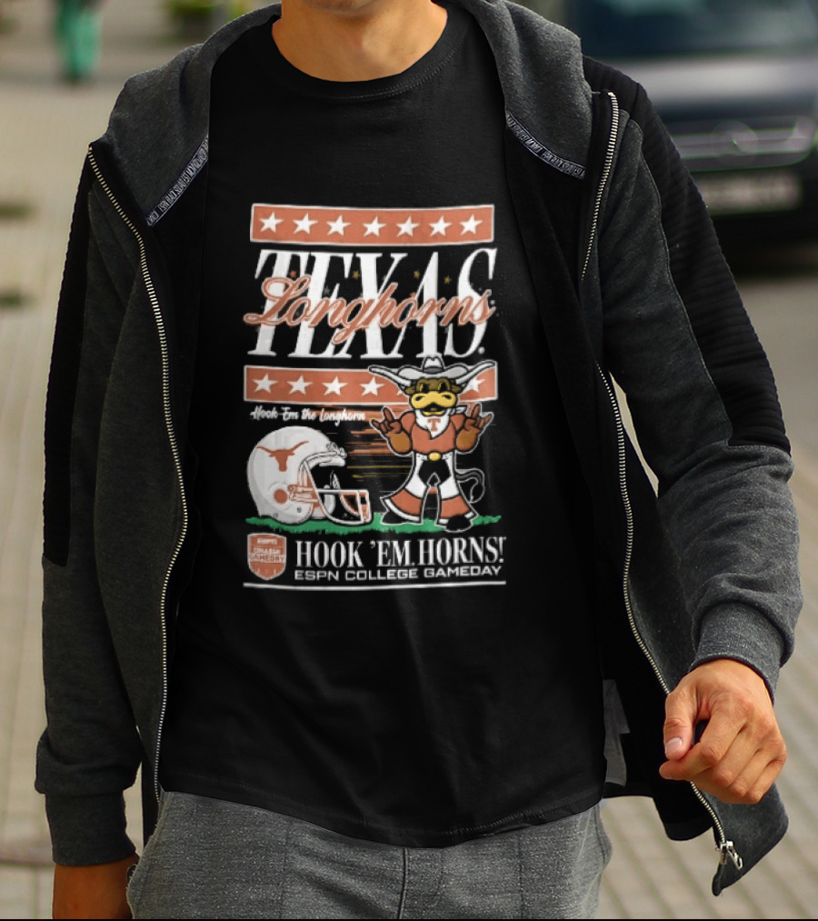 Texas Longhorns Hook Em Horns ESPN College Gameday Football Helmet Cartoon T-Shirt