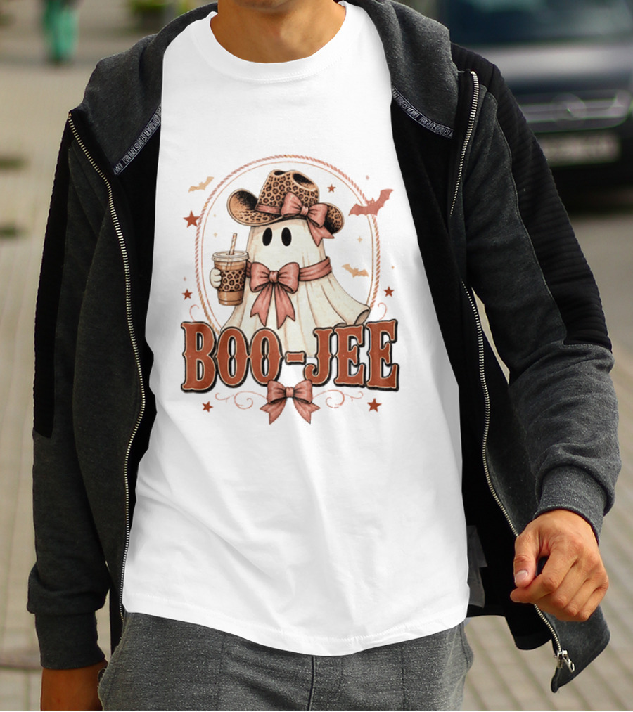 Boo Jee Leopard Cowboy Ghost Iced Coffee Halloween T-Shirt