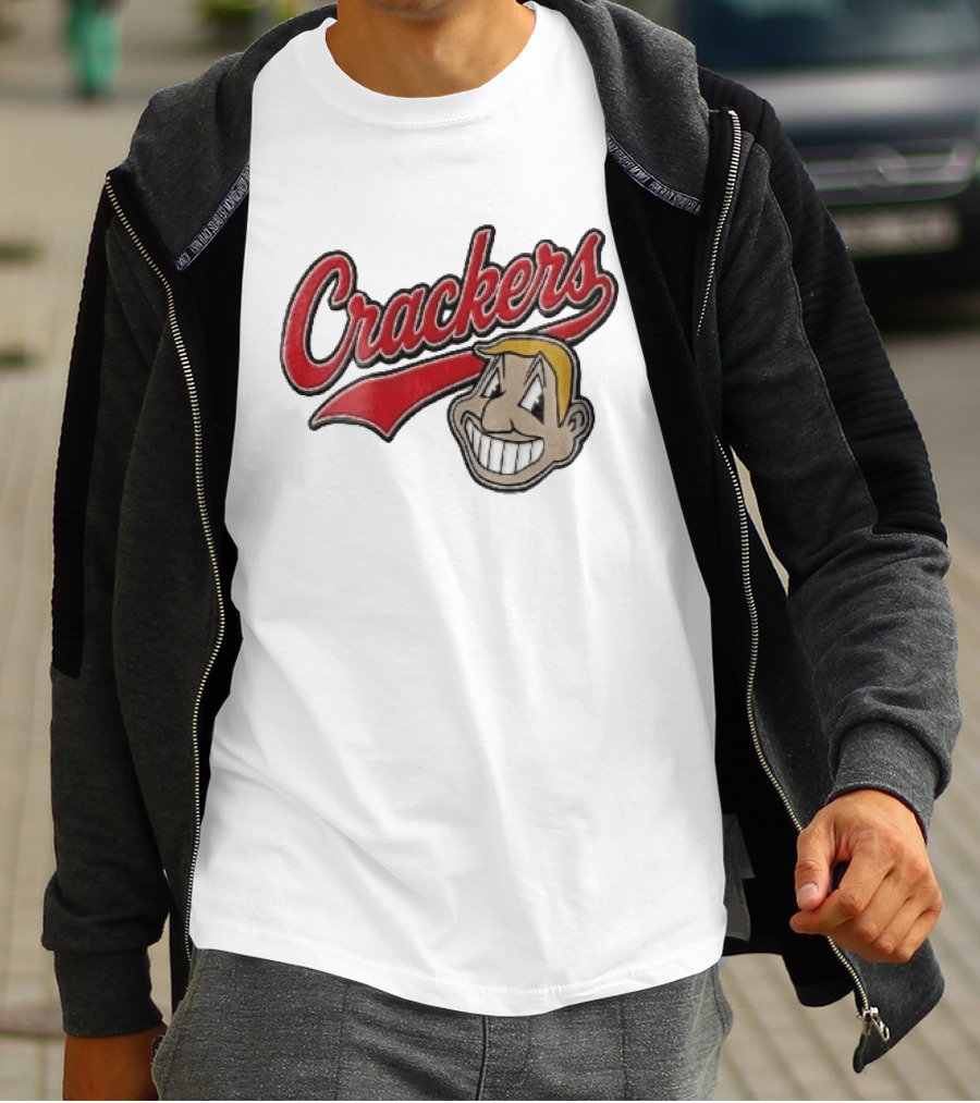 Crackers Cartoon Caricature Blonde Man Big Teeth Smile Red Script T-Shirt