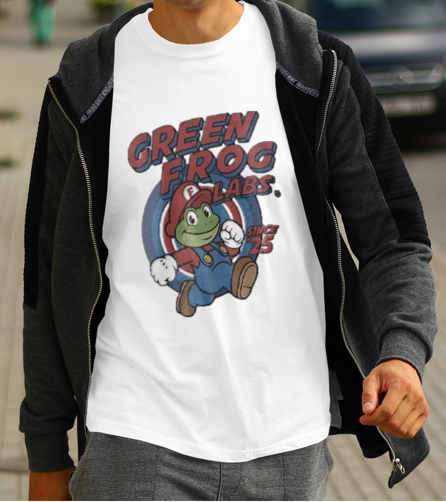 Green Frog Labs Since 25 Cartoon Running Red Cap Blue Overalls T-Shirt