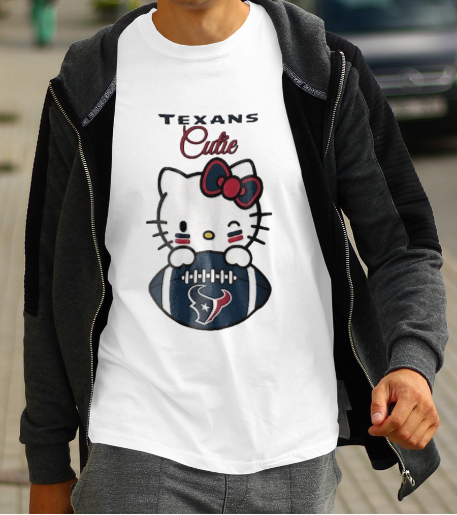 Texans Cutie Cartoon Cat Red Bow Winking Football T-Shirt