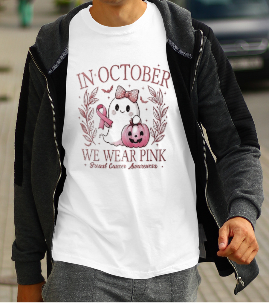 In October We Wear Pink Breast Cancer Awareness Ghost Bow Ribbon Pumpkin T-Shirt