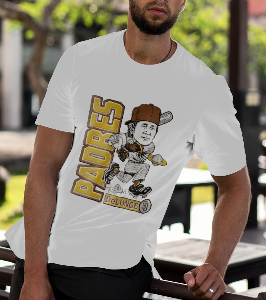 San Diego Padres DeLonge Cartoon Caricature Batter With Orbit Baseball T-Shirt