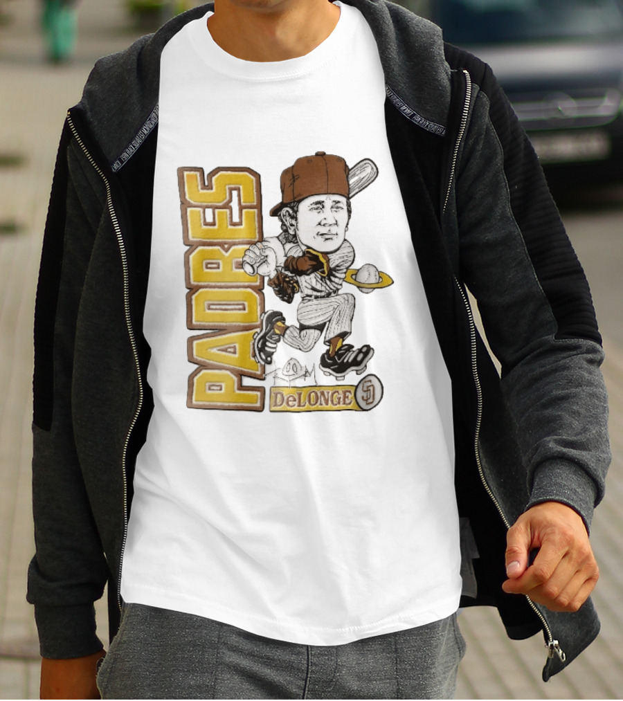 San Diego Padres DeLonge Cartoon Caricature Batter With Orbit Baseball T-Shirt
