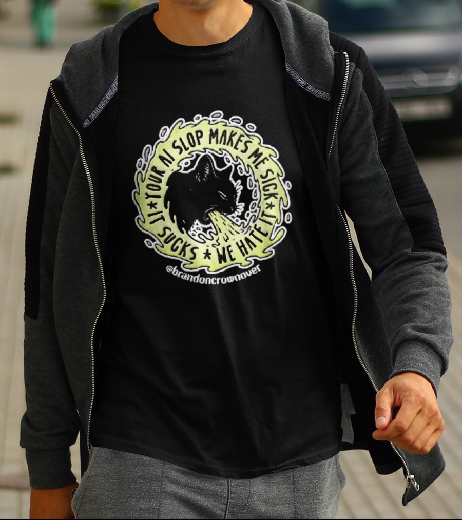 Your Ai Slop Makes Me Sick It Sucks We Hate Brandon Crownover Black Cat Vomiting Green Slime T-Shirt