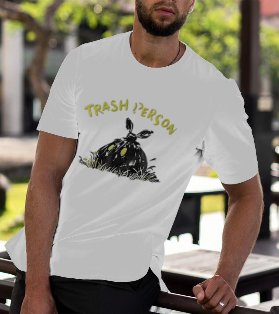 Trash Person Black Bag Creature Glowing Yellow Eyes Grass Monster T-Shirt