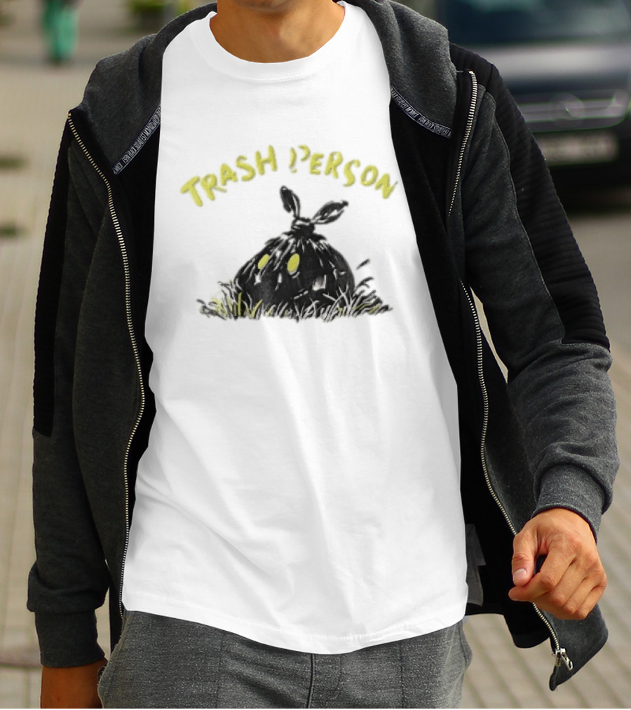 Trash Person Black Bag Creature Glowing Yellow Eyes Grass Monster T-Shirt