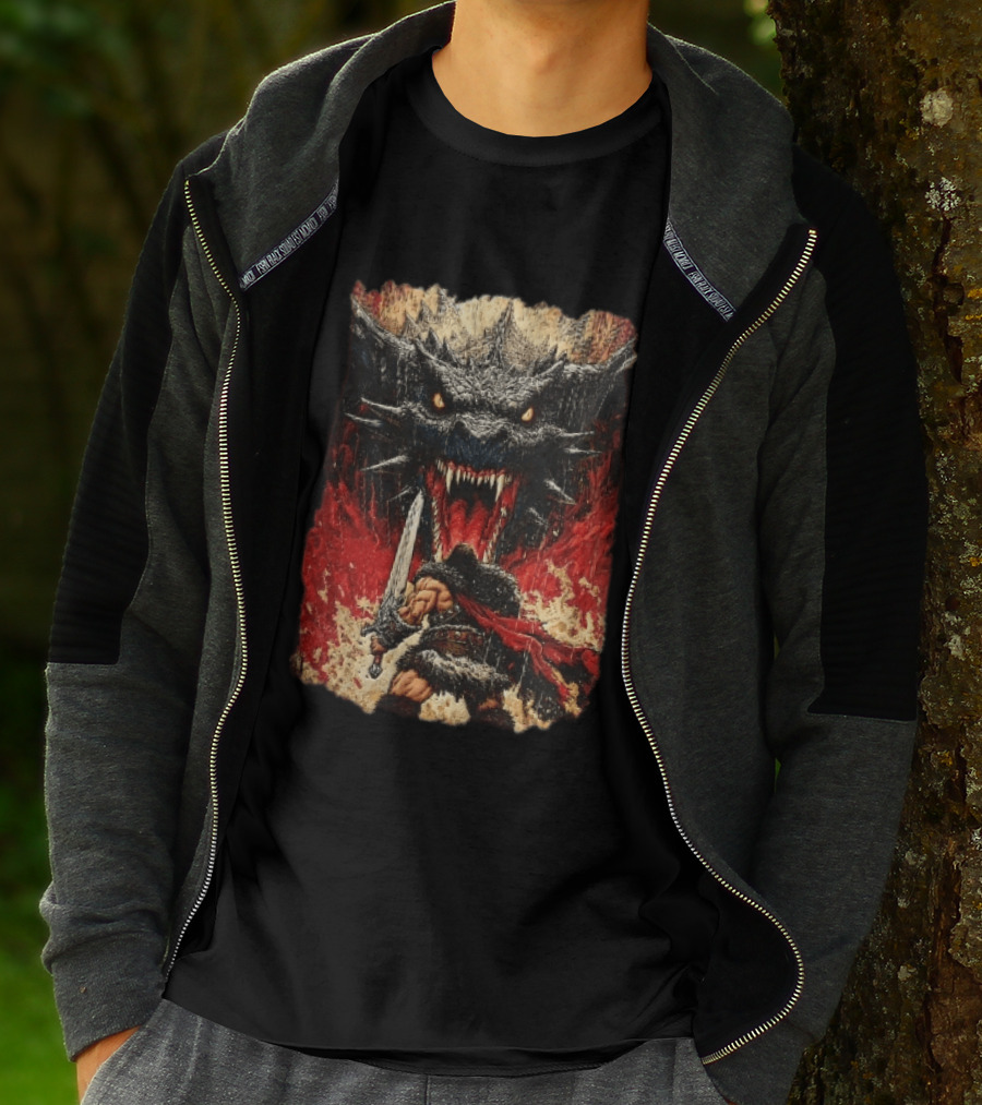 Barbarian Warrior Sword Battle Roaring Dragon Fiery Flames Art Ink Line T-Shirt