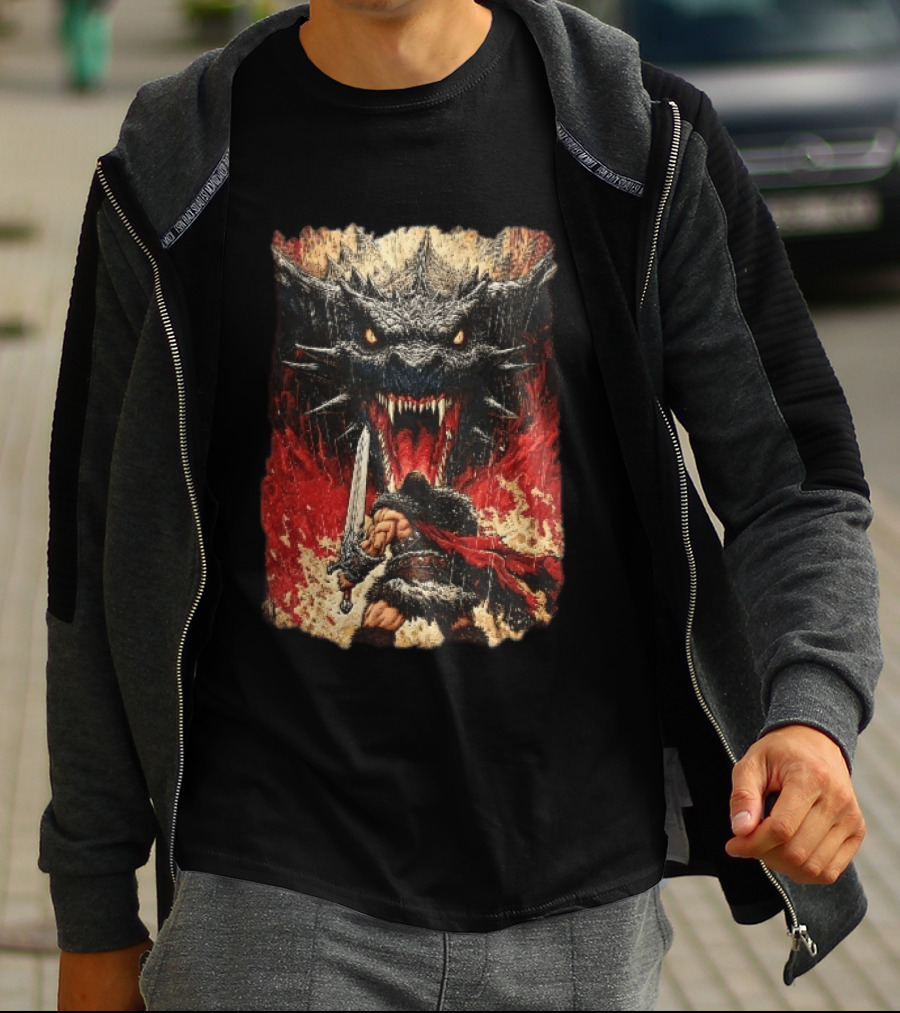 Barbarian Warrior Sword Battle Roaring Dragon Fiery Flames Art Ink Line T-Shirt