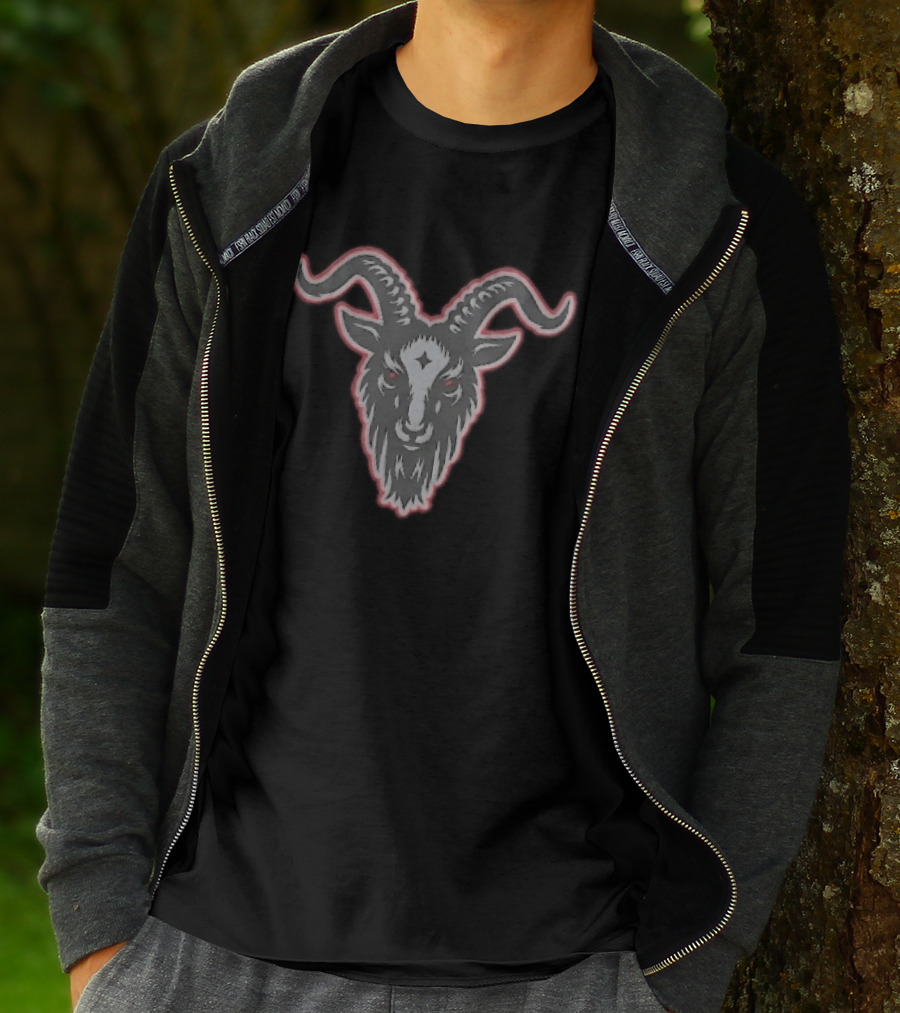 Black Goat Head Curved Horns Glowing Red Eyes Forehead Star Grey Beard Contour T-Shirt