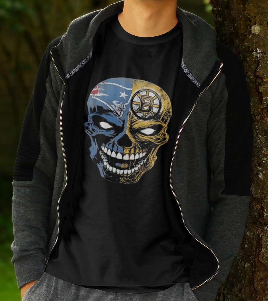 Boston Sports Skull New England Patriots Boston Bruins Fan Fusion T-Shirt