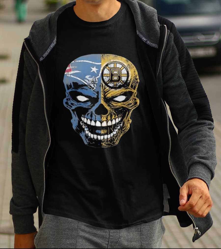 Boston Sports Skull New England Patriots Boston Bruins Fan Fusion T-Shirt
