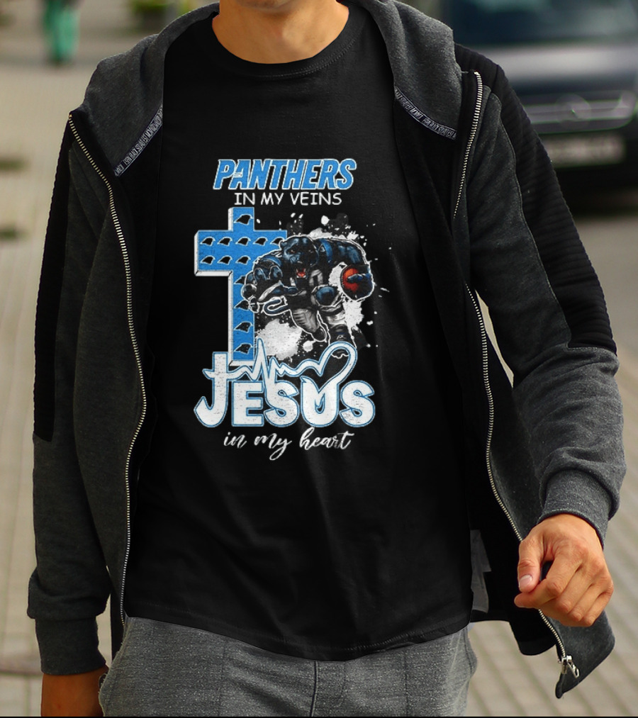 Panthers In My Veins Jesus In My Heart Carolina Football Athlete Cross T-Shirt