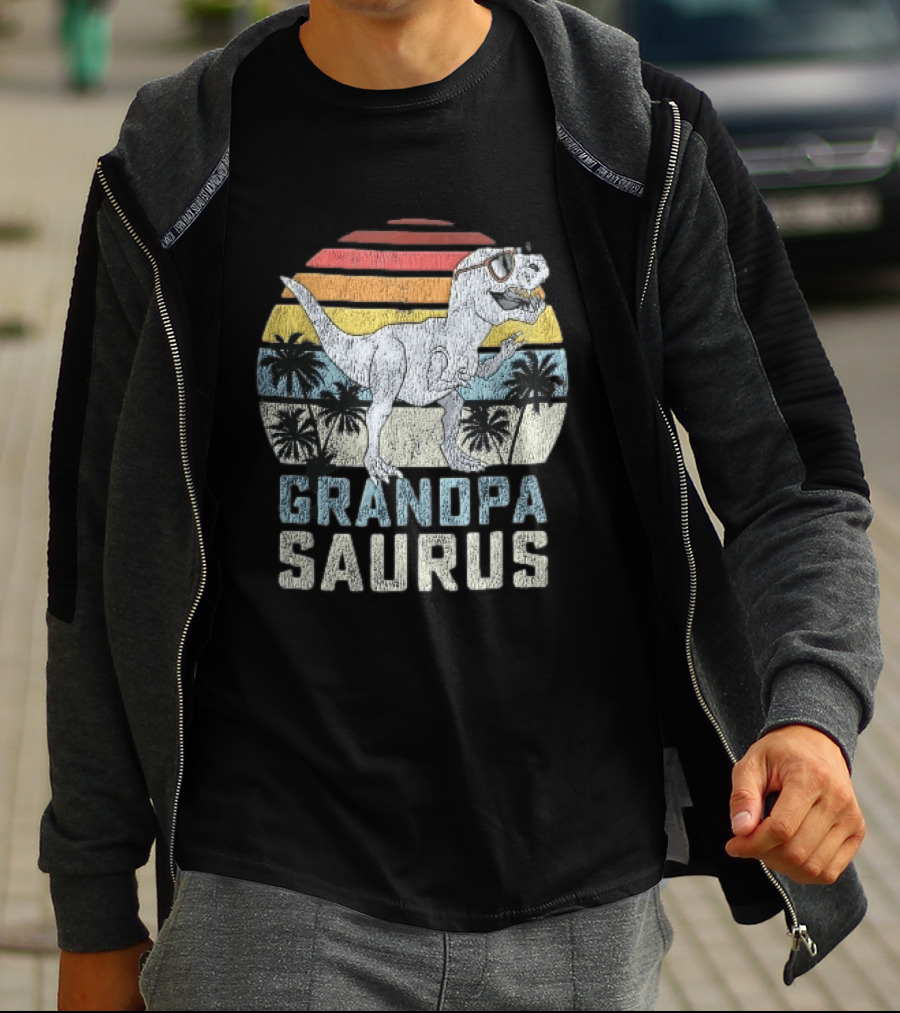 Grandpa Saurus Dinosaur Sunglasses Sunset Palms T-Shirt