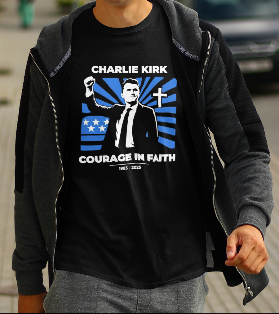 Charlie Kirk Courage In Faith Stars Cross 1993 2025 T-Shirt