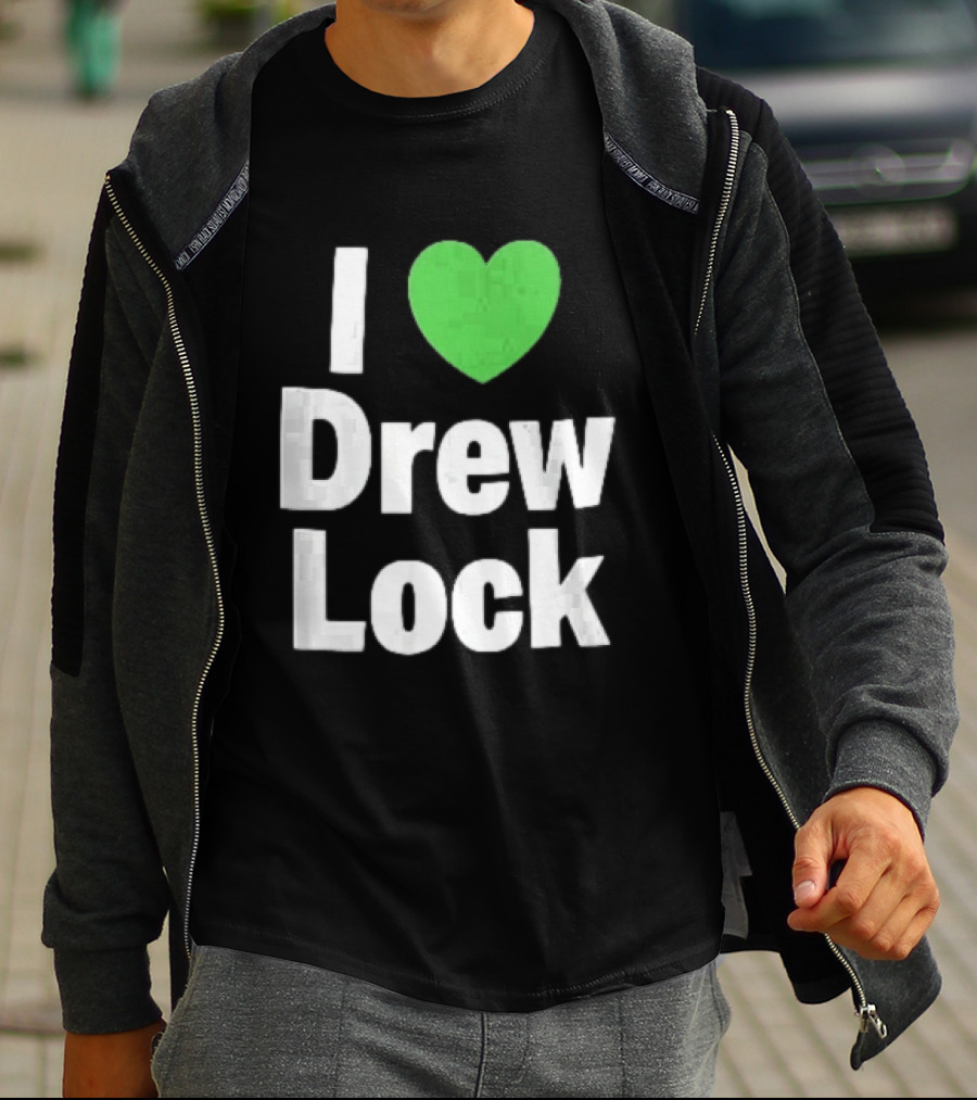 I Love Drew Lock Green Heart Silver White Gradient Letters T-Shirt
